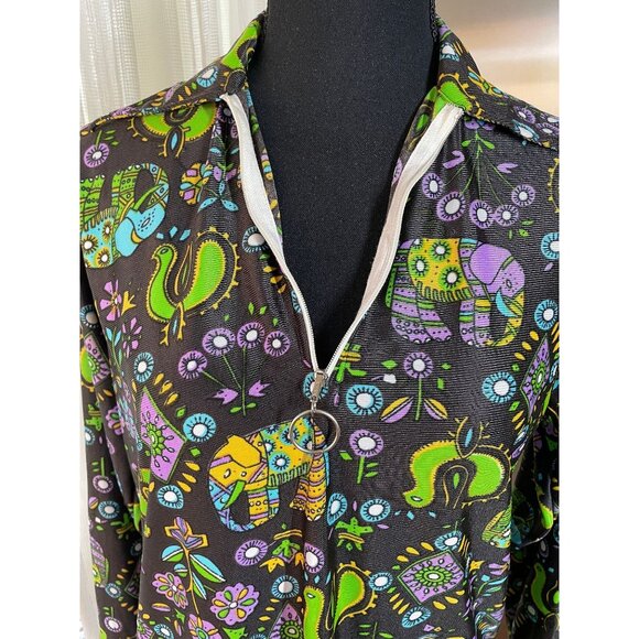 Vintage 70s top, black, neon psychedelic print, elephants, birds, flower power - Picture 9 of 10